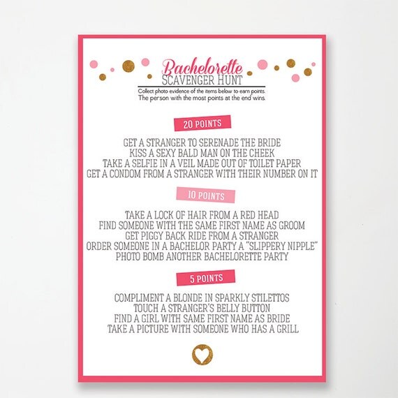Printable Bachelorette Party Game: Photo Scavenger Hunt // pink and gold glitter