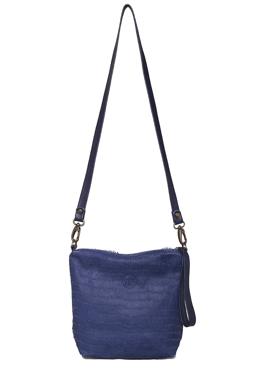 Navy Blue Leather Crossbody Bag Blue Hobo Bag by TESLeatherDesign