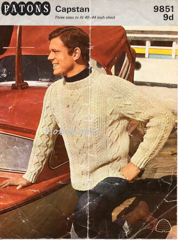 Mens Knitting Pattern 1960s Mens Aran Sweater Knitting Pattern