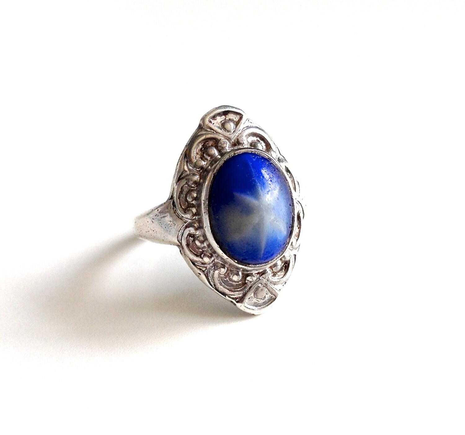 Antique Sapphire Star Sterling Silver Ring Signed by luxcharm