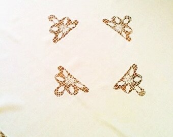 Vintage Romantic Home Snow White Handstitched Cutwork Lace Monogrammed Tablecloth, Shabby Chic, Olives and Doves
