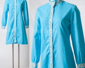 Vintage 60s Dress, Mad Men Dress, Vintage blue dress, Hippie dress, Boho dress, Bohemian dress, embroidered dress - S/M