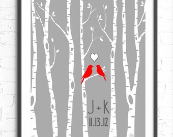Personalized Wedding Gift, Custom Anniversary Gift, Wall Art, Engagement Gift, Personalized Wall Art, Birch Tree Bird Unique Wedding Gift
