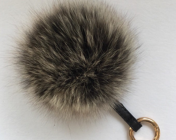 Luxury Oversized Genuine Fox Fur Pom Pom Keychain Bag Pendant BLACK/WHITE frost 14 cm diameter