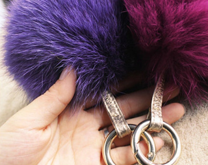 Fox fur luxury bag pendant + leather strap with buckle key ring chain bag charm accessory GREEN