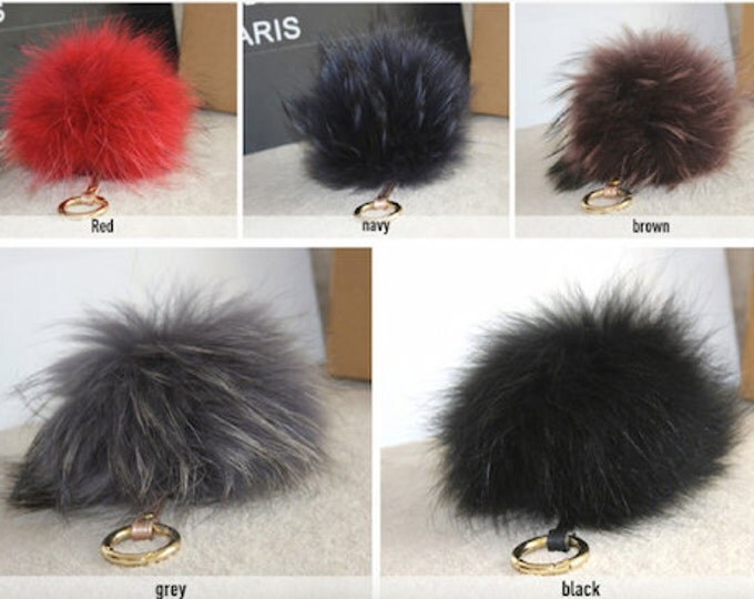 Brown Raccoon Fur Pom Pom luxury bag pendant + leather strap metal buckle key ring chain bag charm BROWN