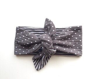 Top Knot Headband, Baby Turban Headband, Reversible Grey and White Headband