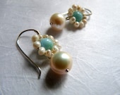 Wire wrapped jewelry handmade, Pearl and Larimar earrings, handmade wire wrapped jewelry