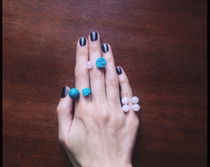 Rose quartz ring Turquoise ring Blue rose Pink stone ring Blue stone ring natural stone ring Gift idea Bridesmaid ring