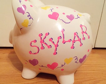 girls hearts handpainted piggy bank personalized with name