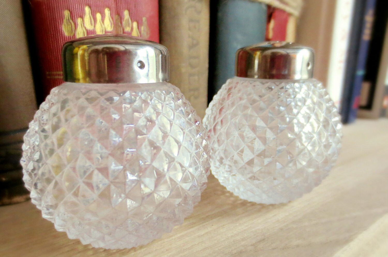 Vintage Grace Diamond Hobnail Clear Glass Salt and Pepper Shakers