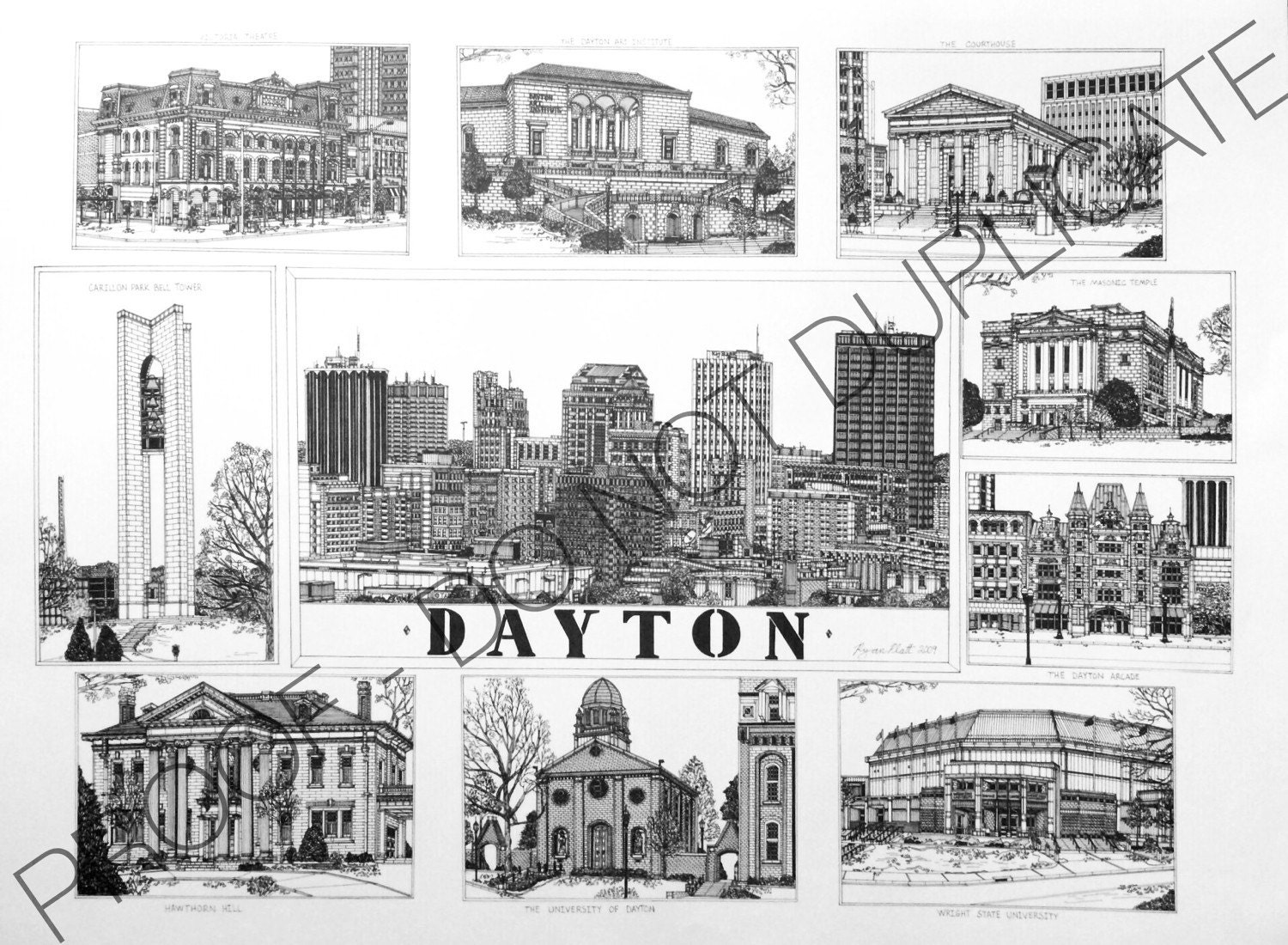 Dayton Ohio Ink Cityscape Drawing