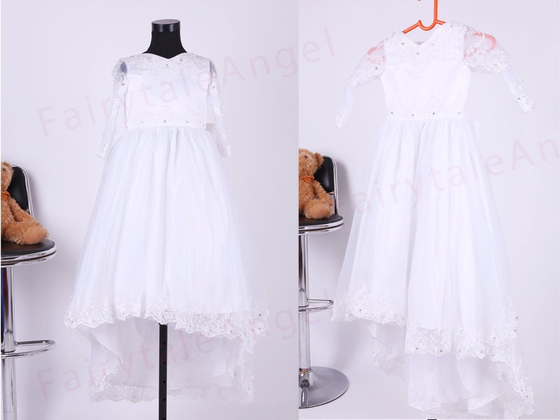 Cute White long A-line Tulle flower girl dress,Baby girl wedding dress with a train,Baby girl birthday dress,long sleeves little girl dress