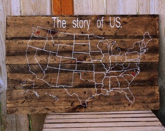 Rustic "The Story of US" U.S. Us usa map Custom Reclaimed Pallet Wood sign Home Couples journey duty station Air Force army personalized
