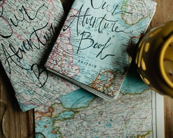 Our Adventure Book - Handmade Journal - Coptic Stitch- Map Journal- National Geographic Map