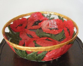 Vintage Handmade Papier Mache Poppy Bowl