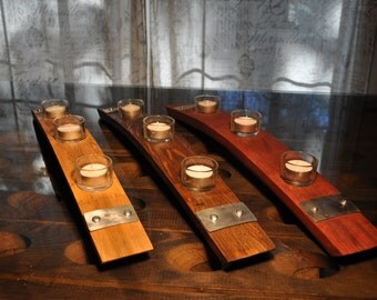 Napa Valley Wine Barrel Candle Holder with metal rings, 23" long.
