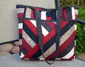 Quilted Black, Red, Cream Handmade Cotton Handbag. 5 Pockets. Lots of ...