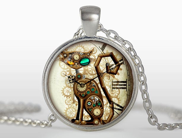 Steampunk cat pendant, Steampunk clock Necklace, Silver plated pendant, Steampunk Jewelry, black, brown, white