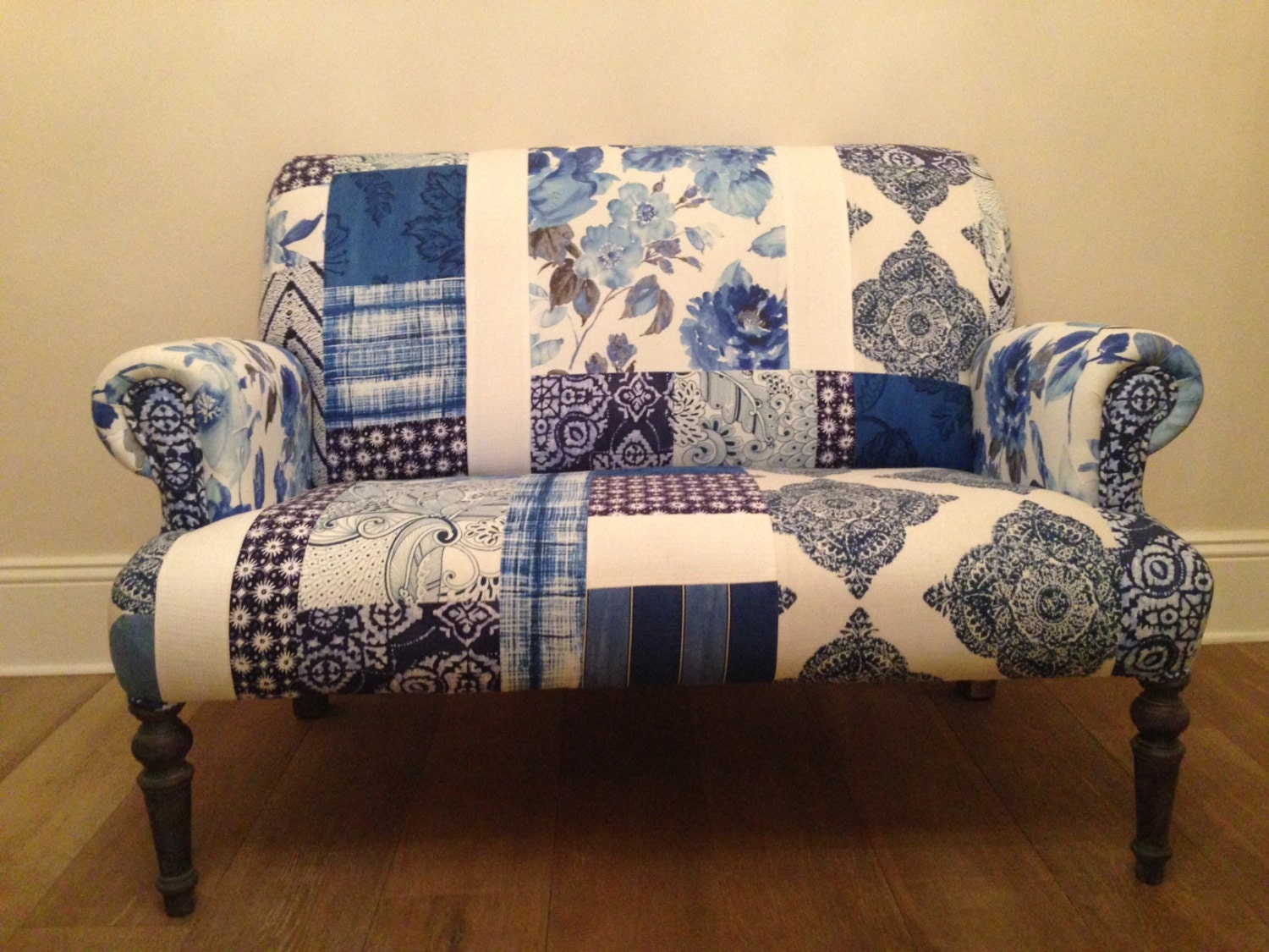 Blue and White Patchwork Sofa 2 Seater by Afropatch on Etsy