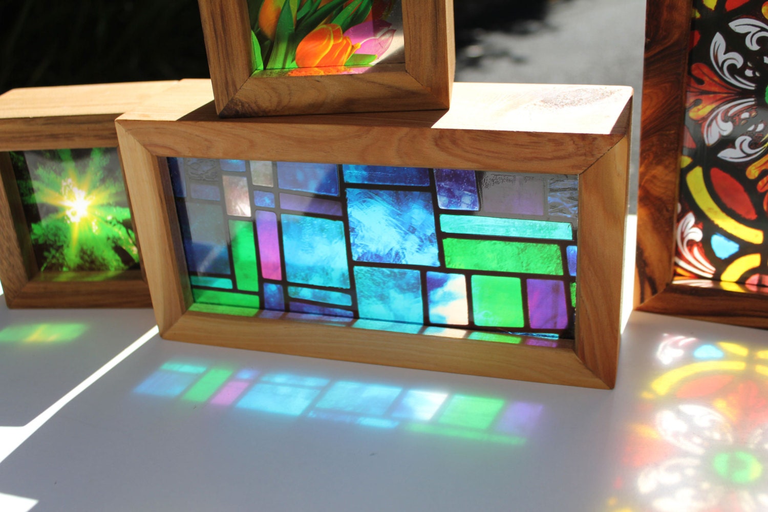 Modern Stained Glass Handmade Timber Light Box. Translucent