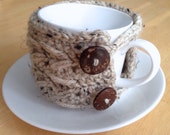 Cup Cozy Brown Coconut Buttons Crochet Adjustable Natural