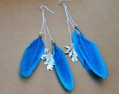Blue Feather Earrings, Blue feather earrings, dangle Earrings, long earrings