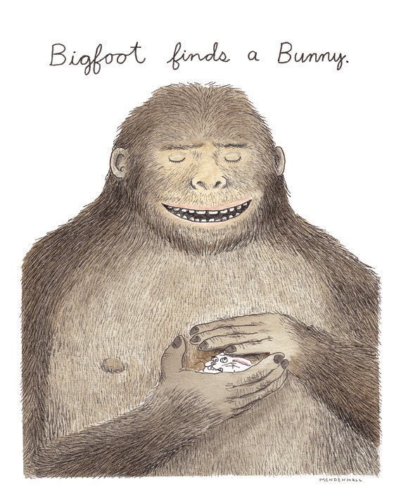 Bigfoot art print bigfoot finds a bunny a humorous Bigfoot art print bigfoot finds a bunny a humorous