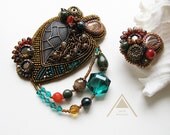 Embroidered brooch  with natural serpentine,agate, pearls,Swarovski components