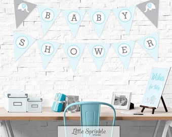 Elephant Baby Shower Bunting Banner Blue / Baby Boy Shower Decorations / Elephant Baby Shower Banner / Printable Digital / INSTANT DOWNLOAD