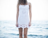 White short sundress with lace, romantic dress, tank top beach dress, shoulder-strap sarafan, cotton summer dress, resort mini dress