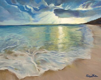 Summer love, oil painting 18x24, beach scene,ocean, wall art, home decor, painted on fine linen canvas
