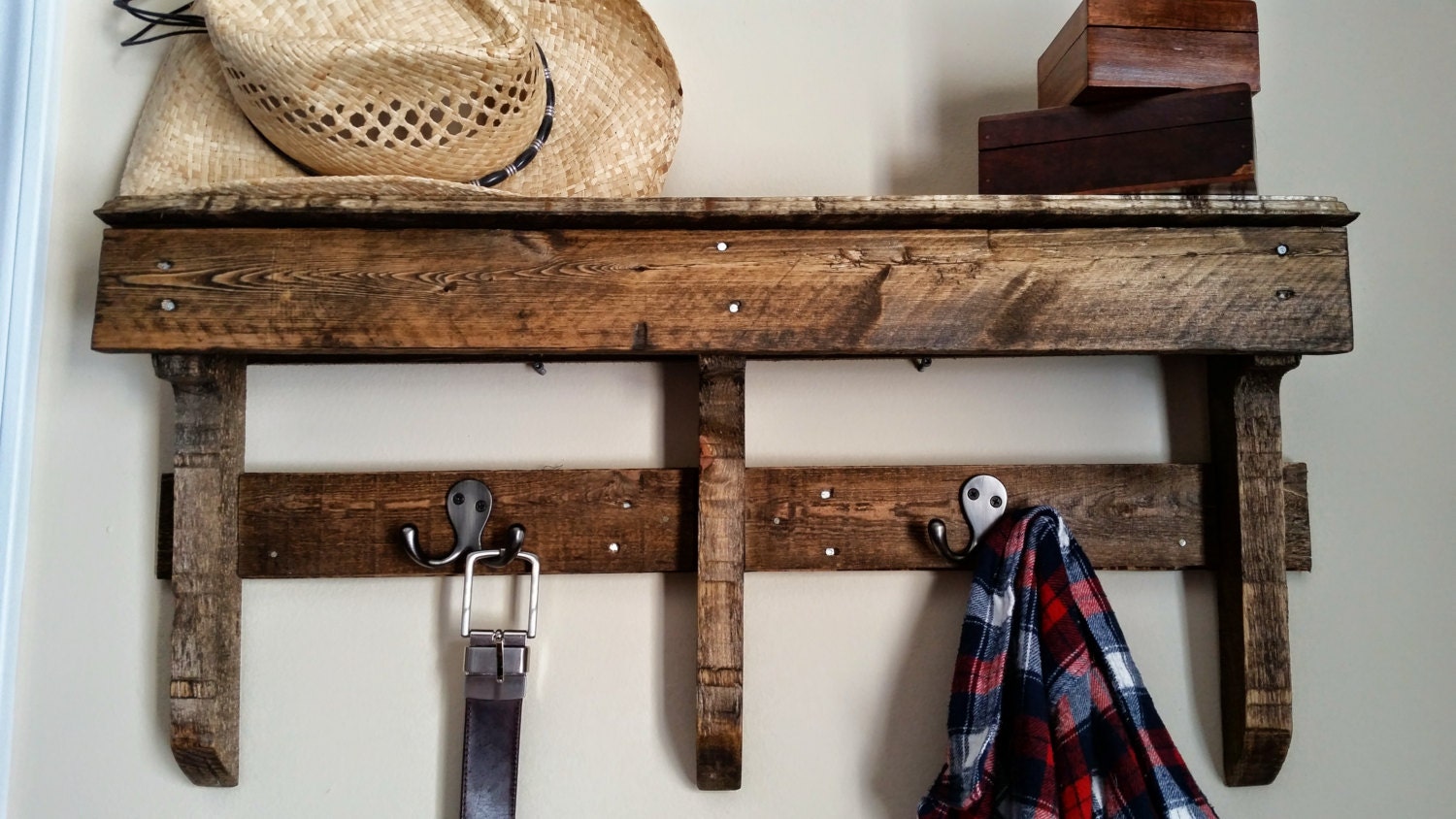 Pallet Wood Shelf with Hooks Rustic Reclaimed by TheWoodGarageLLC
