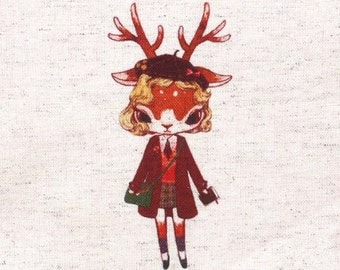 Deer Fabric,Hand Printed Fabric,Deer With Backpacks,One Panel 6"x 6" (15cm X 16cm) C12b