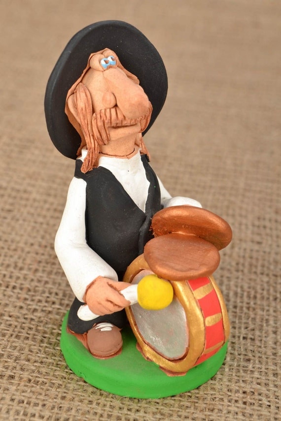 Homemade clay figurine Man with Drum by SouvenirRiver on Etsy