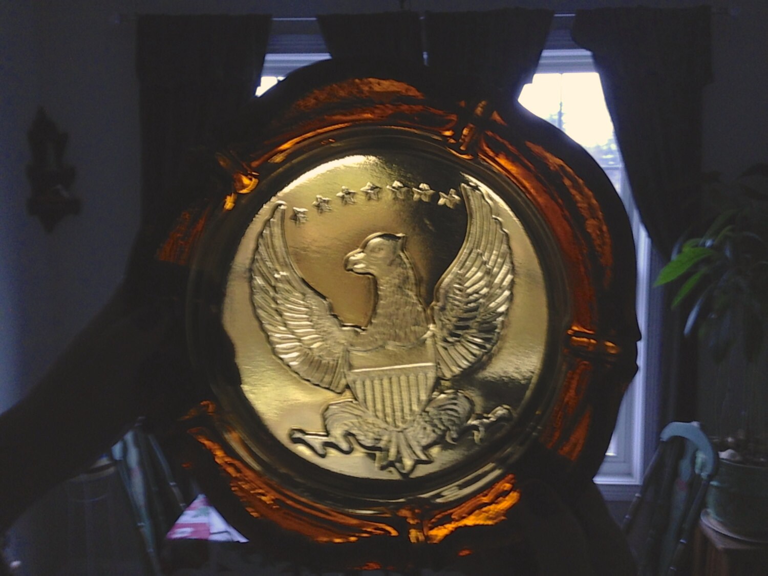 Large Heavy Amber Glass Ashtray with Eagle 1960 Era
