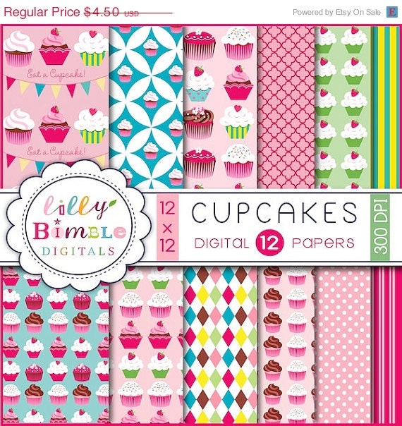 50% off Cupcake Digital scrapbook papers for birthday invites, toppers, cupcake paper, Instant Download Il_570xn