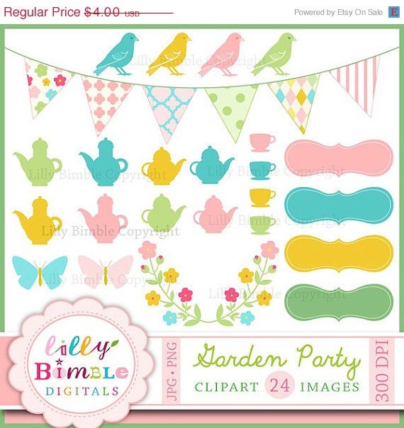 50% off Garden Party clipart for cards, Birds, Teaparty, teapot, bunting floral DIGITAL DOWNLOAD Il_570xn