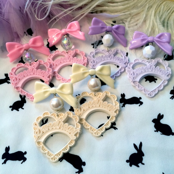 Girly Pastel Sweetheart Earrings in Pink Cream or Lilac