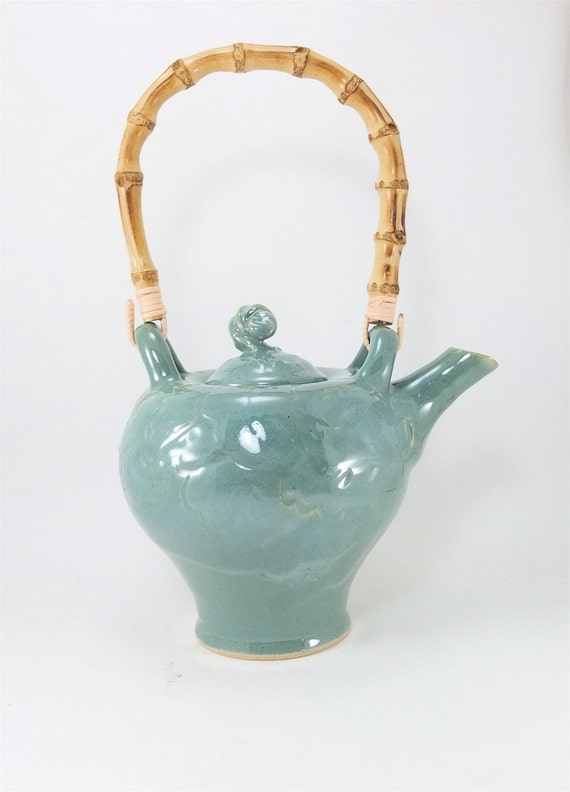 green teapot with bamboo handle by Rith on Etsy