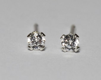 2mm Tiny Sterling Silver Stud Earrings with Cubic Zirconia : Faceted Clear CZ Posts Diamond Simulant Simple Minimalist Everyday Earrings
