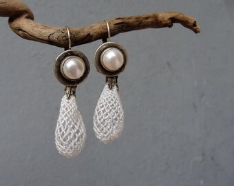 Seed pod Earrings with Pearl and Needle lace - The Organics Collection