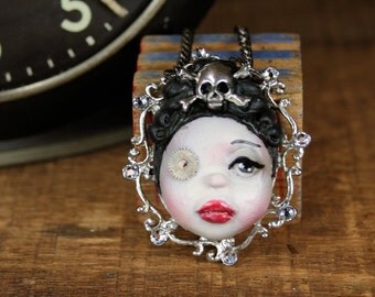 Original Cameo Sculpture Steampunk Crossbones Girl Necklace Pop Surrealism