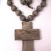 Hand Strung Large Grey Wood Bead Chunky Barn Wood Cross Rosary Necklace Decoration