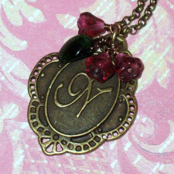 Antique Brass Monogrammed Necklace with Peach Glass Flowers, Monogrammed Pendant on Antique Brass Chain