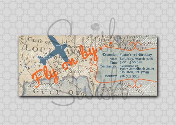 Vintage Plane Invite Antique Map Airplane Birthday Invitation - Boarding Pass - transportation Printable digital file Il_570xn