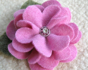 Mauve Pink Zinnia Brooch - Recycled Sweater Wool Flower Pin with Jeweled Button