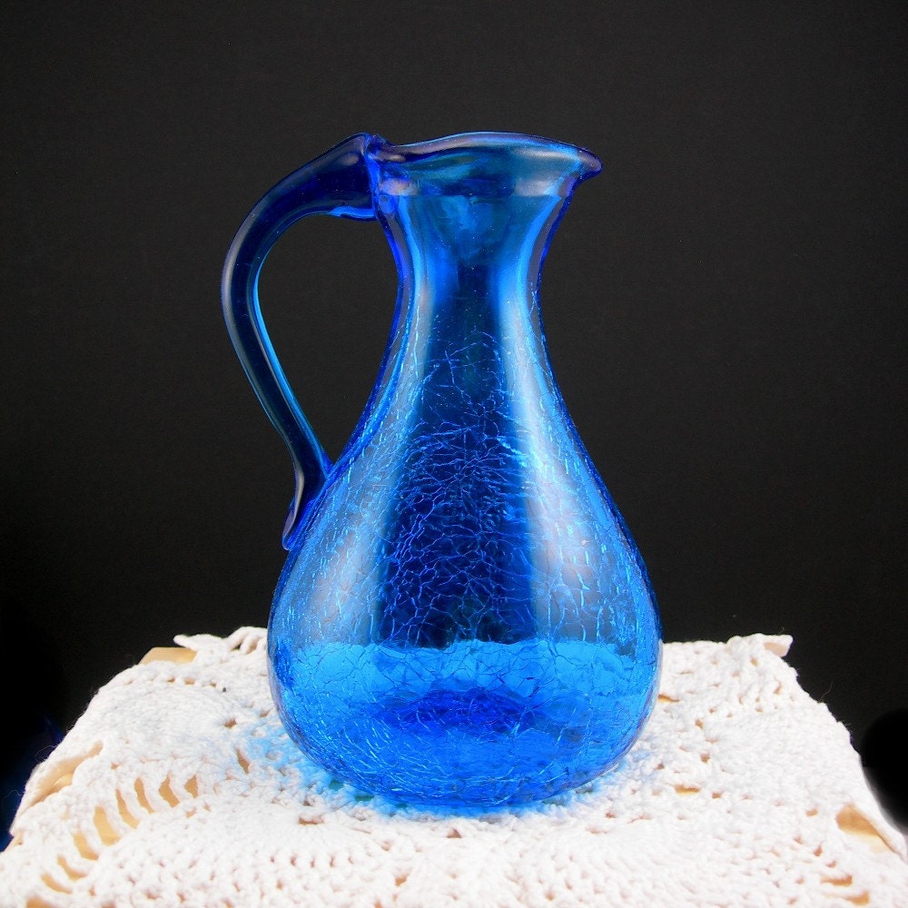 Vintage Blue Crackle Glass Pitcher Small 5 By Atticdustantiques 6460