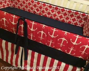 Custom Navy Blue Red & White Nautical Baby Nursery 3-Piece Crib Bedding Set made with Designer Fabrics