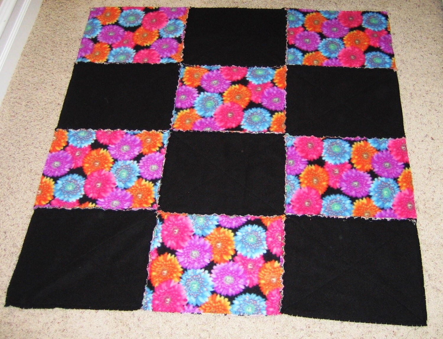 Rag Quilt Blanket Fleece Black Pink Turquoise Orange by Elibet